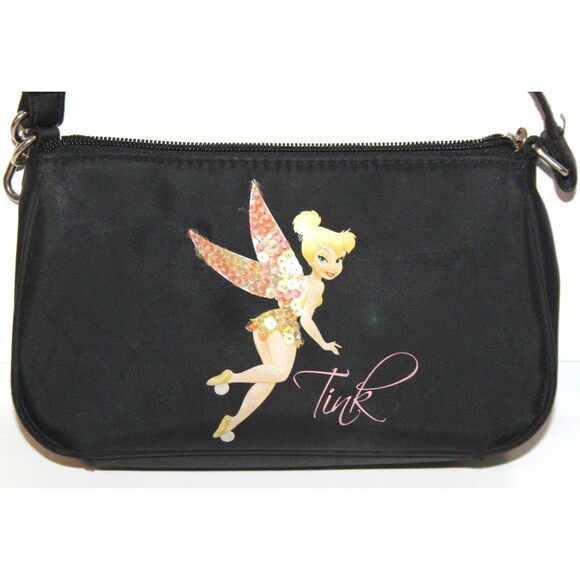 Disney Tinker Bell Tink Black Nylon Zippered Strapped Sequin Tote Bag Purse  8" - Picture 2 of 11